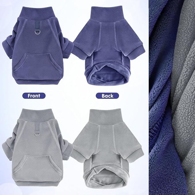 Idepet Fleece Dog Sweater 2 Pack, Winter Pet Clothes Turtleneck Sweatshirt with Pocket, Stretchy Dog Coat with Leash Ring (Grey+Navy, XX-Large)