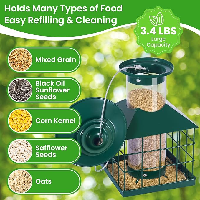 Squirrel Proof Bird Feeder, Hanging Metal Cage Bird Feeders for Outdoors, Weather Resistant Wild Bird Feeders with Finch Cardinal Chickadee, 3.4 LB Large Capacity,Green