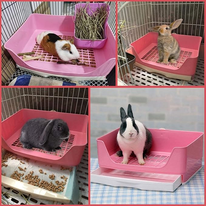 PINVNBY Large Rabbit Litter Box Corner Toilet Box Bigger Pan Pet Potty Trainer with Drawer for Adult Bunny Guinea Pig Chinchilla Ferret Galesaur Hedgehog Small Animals(Pink)