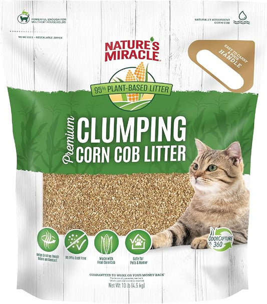 Nature’s Miracle Premium Clumping Corn Cob Litter, 10 Pounds, Made With Real Corn Cob For Fast-Clumping Litter For Multi-Cat Households