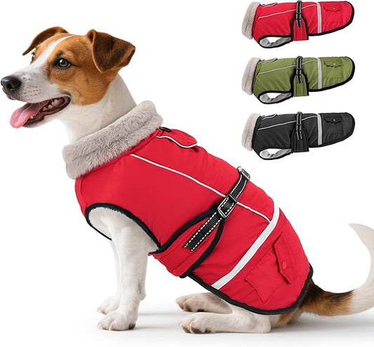 Dog Coat, Dog Winter Coat Jacket Waterproof for Medium Dogs, Pet Vest Warm Fleece Cozy for Cold Weather, with Harness Built in Reflective, Dogs Snowsuit Windproof, Adjustable Buckle