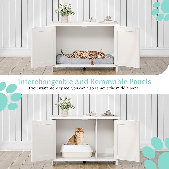 Vongrasig Cat Litter Box Enclosure,Litter Box Furniture Hidden with Barn Door,Wooden Cat Washroom Furniture,Cat House,End Table, Fit Most of Litter Box, White