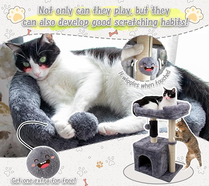 26.8" Small Cat Tree Tower,Cat Scratching Post for Indoor Cats,Featuring with Cat Cave & Cozy Perch,Cat Self Groomer and Interactive Dangling Ball Great for Kittens/Cats (Smoky Gray, Medium)
