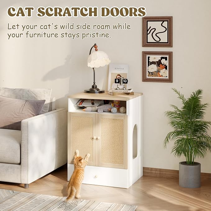 Cat Litter Box Enclosure Furniture Hidden - Indoor 3-in-1 Wooden Cat House & Washroom Cabinet with Scratching Board Doors, Shelf and Feeder Bowls, 23.6”x17.7”x32.7”H
