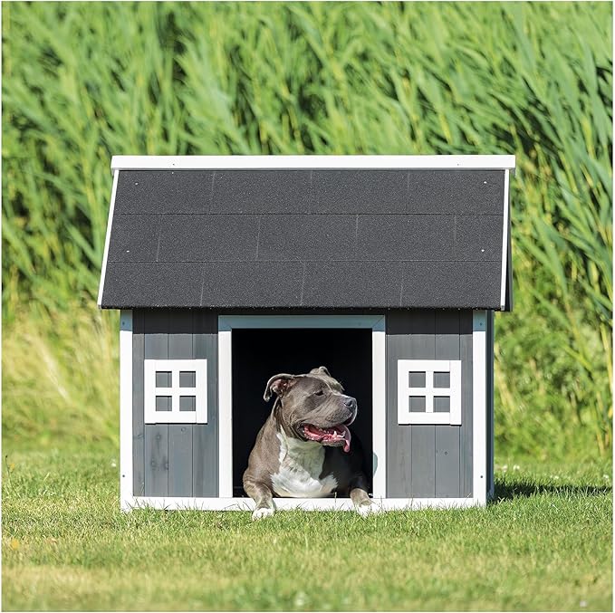 TRIXIE Natura Barn Style Dog House – Large Dog House Outdoor with Weatherproof Sealer & Peaked Roof, Wooden Dog House with Adjustable Legs for Medium- to Large-Sized Dogs – 43 x 31.5 x 40 in