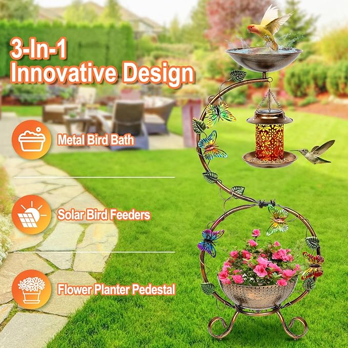 3 In 1 Bird Bath for Outside and Solar Bird Feeders Combo with Flower Planter Pedestal, 38" Metal Bird Baths Heavy Duty for Outdoors, Vintage Birdbaths for Garden Yard Lawn Decor -Waterproof