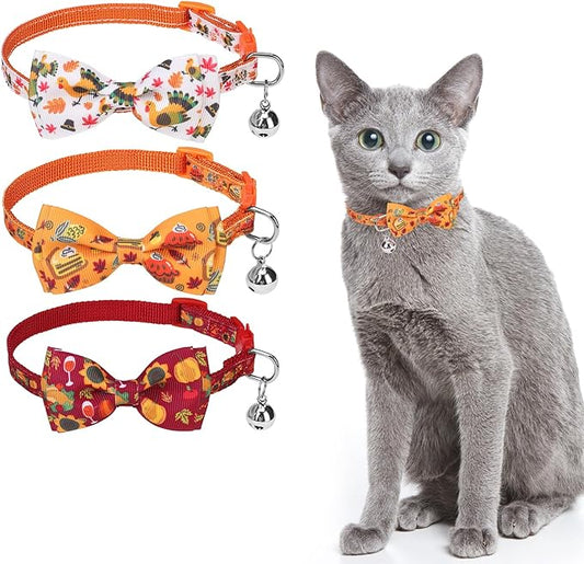 SCENEREAL Fall Thanksgiviing Cat Collar Breakaway, 3 Pack Kitten Collars with Bell, Bowtie and Safety Buckle - Adjustable Cute Holiday Cat Collars with Turkey and Pumpkin Pattern for Girl Boy