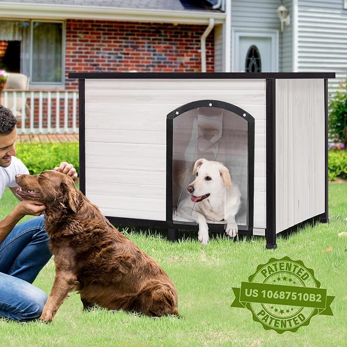 Petsfit 45.3" Large Dog House, Folding Dog House Outdoor, Unfold to Use, No Tools Required Assembly, Weatherproof Outside Dog House with Door Flap (Large, White)