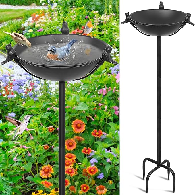 58In Freestanding Birdbaths Bowl Outdoor, Standing Garden Bird Bath Feeder Bowl with 3 Bird Statues, Birdbath & Birdfeeder with Metal Stake Garden Yard Lawn Decor (Black)