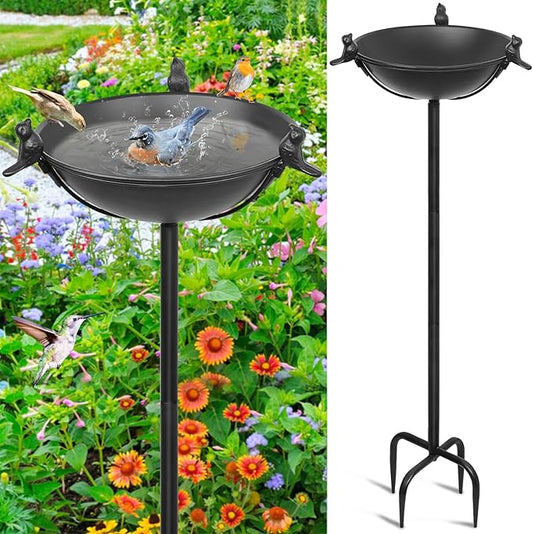 58In Freestanding Birdbaths Bowl Outdoor, Standing Garden Bird Bath Feeder Bowl with 3 Bird Statues, Birdbath & Birdfeeder with Metal Stake Garden Yard Lawn Decor (Black)