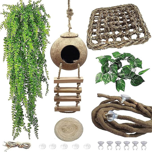 Grested Gecko Coconut Hut with Ladder,Leopard Gecko Coconut Hide Lizards Hanging Coco Den Cave Reptile Hammock Reptiles Tank Accessories Climbing Hanging Plants Jungle Vine Flexible Leaves Decor