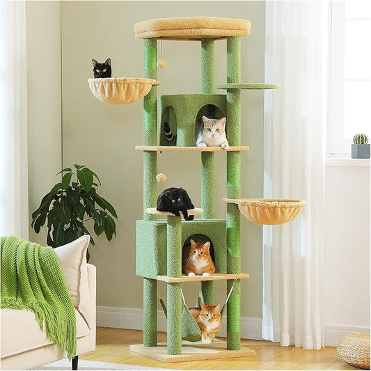 PAWZ Road Tall Cat Tower, 70 Inch Cat Tree with Hammock, 5 Scratching Posts, 2 Condos and a Large Top Perches for Large Cats-Cactus Green