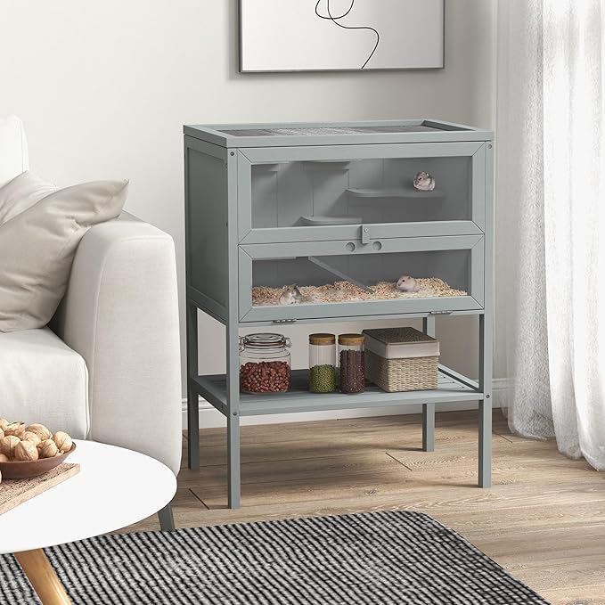 PawHut 3-Tier Wooden Hamster Cage Mice and Rat Cage Small Animals Hutch with Openable Top, Front Door, Storage Shelf, Gray