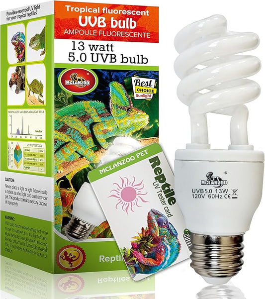 UVA UVB Light Reptile Bulb 5.0 13W Rainforest UVB Bulb Compact Fluorescent Terrarium Lamp with UV Tester Card for Bearded Dragon, Turtle, Snake, Gecko, Lizard