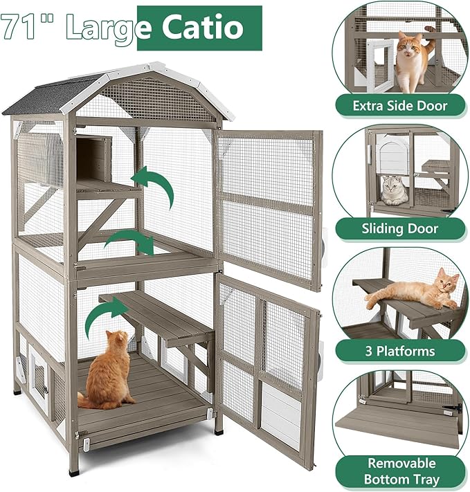 71" Catio Outdoor Cat Enclosures Cat House Waterproof, Indoor Kitty Patio Cage Condo Attachable Window with 3 Platforms Resting Box