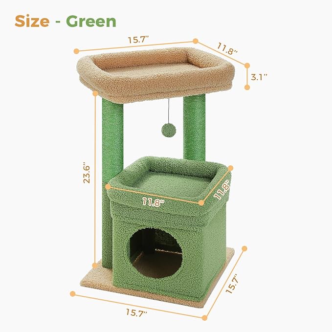 PEQULTI Cat Tree Cactus Cat Tower for Indoor Cats with Private Cozy Cat Condo, Natural Sisal Scratching Posts and Plush Pom-pom for Small Cats Green