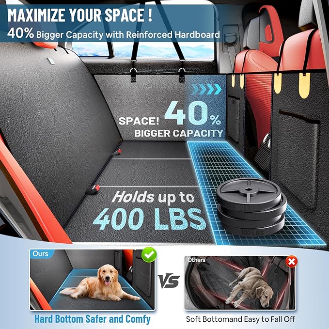 2025 Upgraded Dog Car Seat Cover for Back Seat with Hard Bottom Car Seat Cover for Dogs, Waterproof Pet Seat Protector, Non-Slip Scratch-Resistant Surface, Supports 400lbs, Easy to Clean and Install