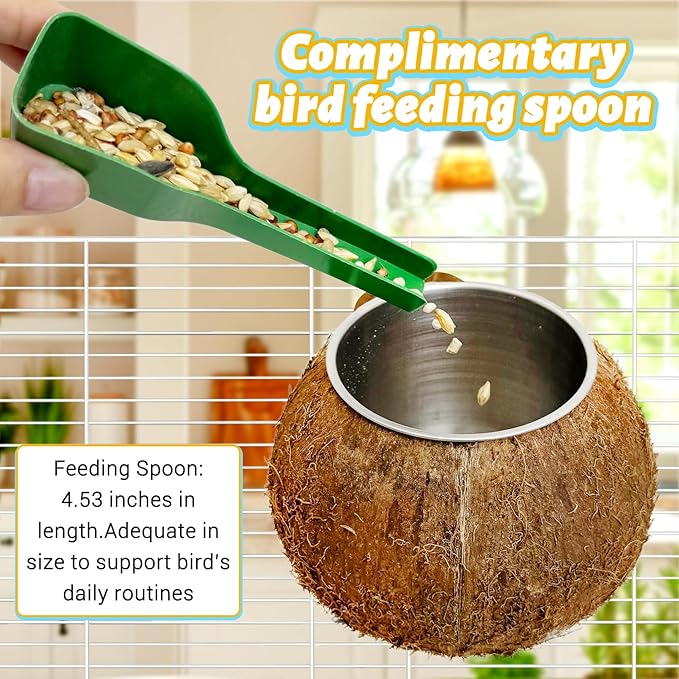 Coconut Bird Bowls for Cage 2-in-1 Coconut Shell Birds Feeder Set of 2 Hanging Parrot Cage Feeders Natural Parakeet Food and Water Dishes for Lovebirds Finches Budgies Cockatiels