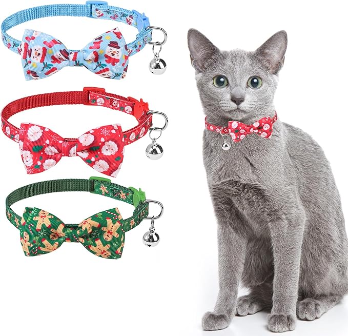 SCENEREAL Christmas Cat Collar Breakaway with Bells and Bow Tie- 3 Pack Cute Holiday Cat Collars- Xmas Kitten Collar Adjustable Safety Buckle for Girl Boy Cats Dogs Pets