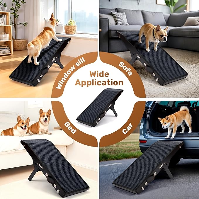 Wood Dog Ramp for Bed, 5-Level Adjustable Height (10" to 21") Pet Ramp with Non-Slip Surface for Couch, Bed and Car, Foldable Dog Ramp for Small, Medium to Large Dogs, Up to 200LBS