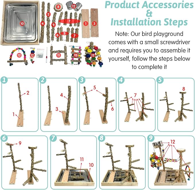PINVNBY Bird Playground Natural Wood Parrot Perch Stand Bird Play Gym Colorful Ladder Swing Chewing Toys with Metal Tray and 2 Stainless Steel Cups Bird Cage Accessories for Conure Cockatiel Parakeet