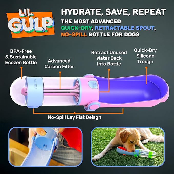 Lil Gulp Dog Water Bottle | Advanced Carbon Filtration for Safe Filtered Water on The Go | BPA-Free Leak-Proof Portable Dog Travel Water Bottle with Retractable Water Spout 15 Fl oz - Cotton Candy