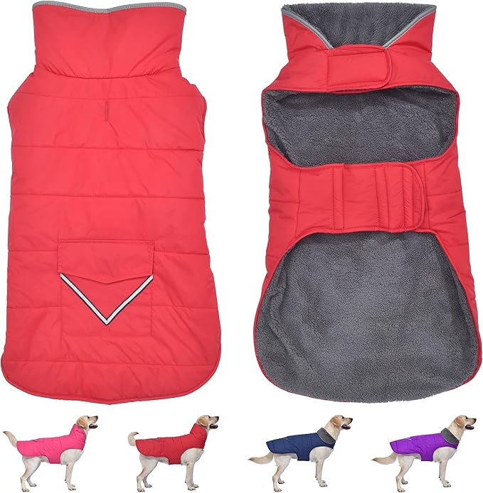 Dog Coat, Waterproof Dog Winter Jacket with Pocket, Reflective Adjustable Pet Snow Vest, Warm Cozy Fleece Sweater for Small Medium Extra Large Dogs - Red, M