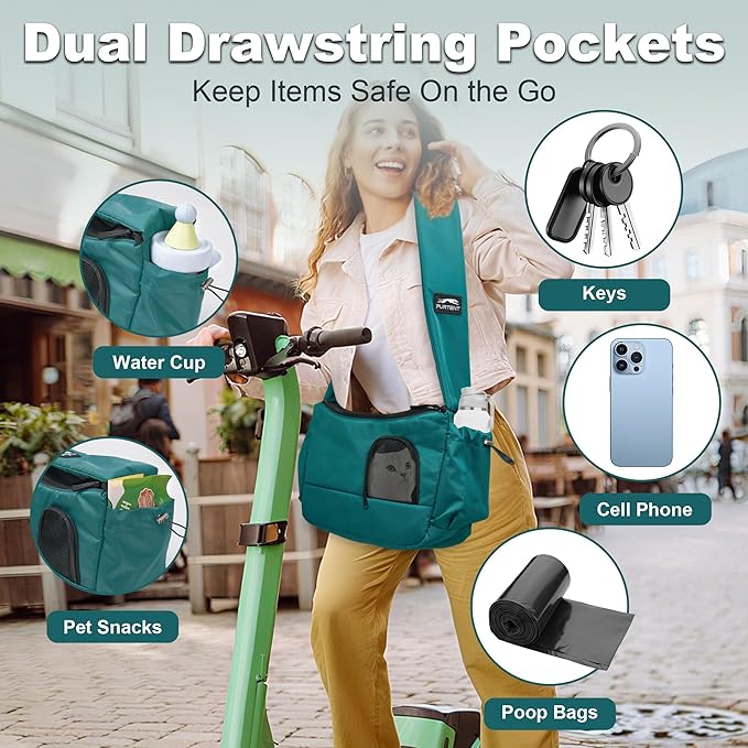 Dog Sling Carrier for Small Pets, Hands-Free Cat Carrier Pouch up to 8.8 lb, Cat Sling with Safety Strap and Pockets, Ideal for Travel and Daily Use, Peacock Blue