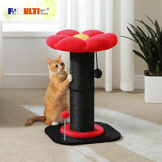 PEQULTI Flower Cat Scratching Post, Gothic Cat Tree, Tall Scratcher for Indoor Cats with Super Thick Scratching Post [Dia=5.5''], Removable Flower Bed, Cat Scratch Post with Spring Ball, Black