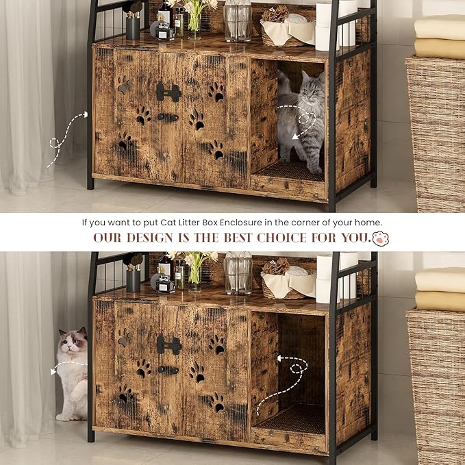 Recaceik Large Cat Litter Box Enclosure with Shelf Storage, Hidden Cat Washroom Furniture, Wooden Cat House with Scratch Pad, Sturdy Indoor Cat Cabinet with 2 Doors, Rustic Brown