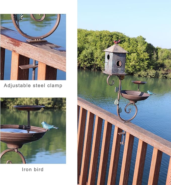 Deck Bird Bath, 3 in 1 Metal Bird Bath and Bird Houses, Decorative Deck Mounted Bird Baths, Detachable and Adjustable Sturdy Deck Bird Bath for Outdoor Porch Yard Garden Decoration