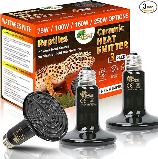 Energy Efficient 75W Reptile Heat Bulbs, Pack of 3 Ceramic Heat Emitters for Geckos, Turtle, Snake, Bearded Dragon, Lizards, Iguana, Reptile & Amphibians
