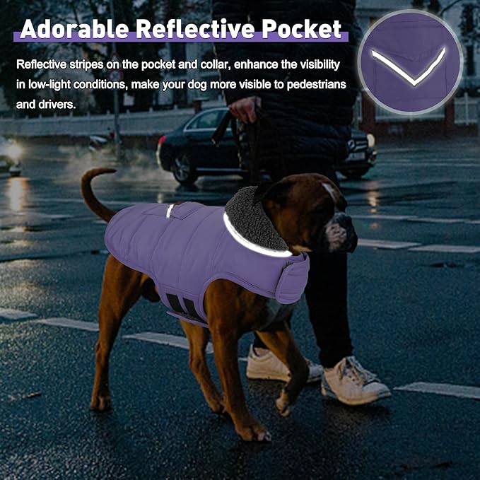 Dog Coat, Waterproof Dog Winter Jacket with Pocket, Reflective Adjustable Pet Snow Vest, Warm Cozy Fleece Sweater for Small Medium Extra Large Dogs - Light Purple, L