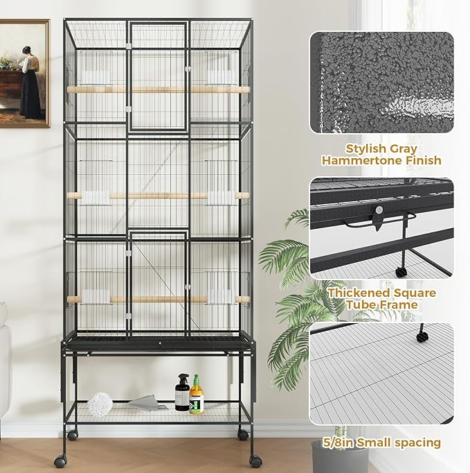 69-Inch Extra Large Bird Cage, Parakeet Bird Cage with Detachable Storage Stand, Rolling Cockatiel Cage for Mid-Sized Parrots Cockatiels Canaries Lovebirds Conures Finch, Black