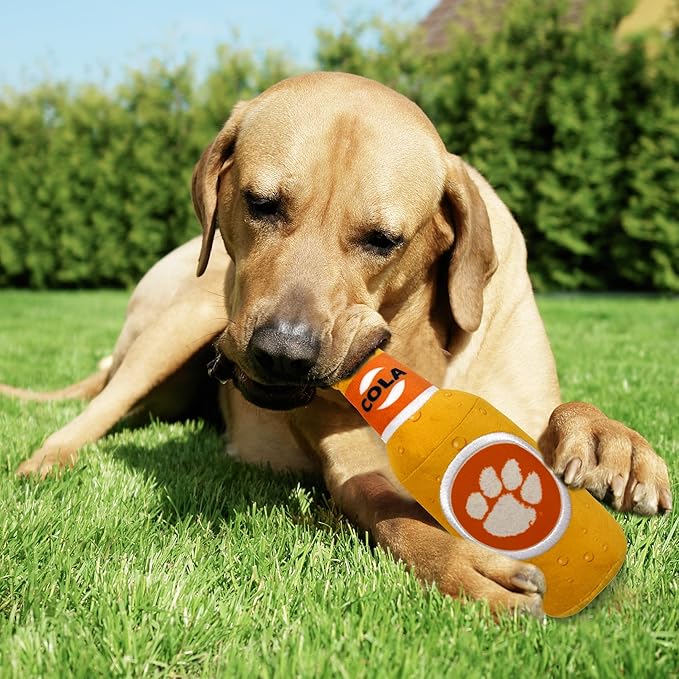 NCAA Clemson Tigers Beer Bottle Plush Dog & CAT Squeak Toy- Cutest Stadium SODA Bottle Snack Plush Toy for Dogs & Cats with Inner Squeaker & Beautiful Football/Basketball Team Name/Logo