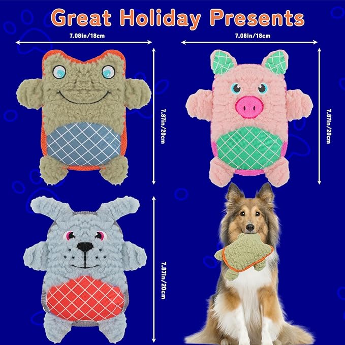 Crinkle Dog Toys Squeaky Plush No Stuffing Cute Puppy Stuffless Tough Rop Pull Toy, Fun Dog Stuffed Animals Durable Chew Set for Small Medium Large Pup (Large, Pink Pig+Green Frog+Blue Dog)