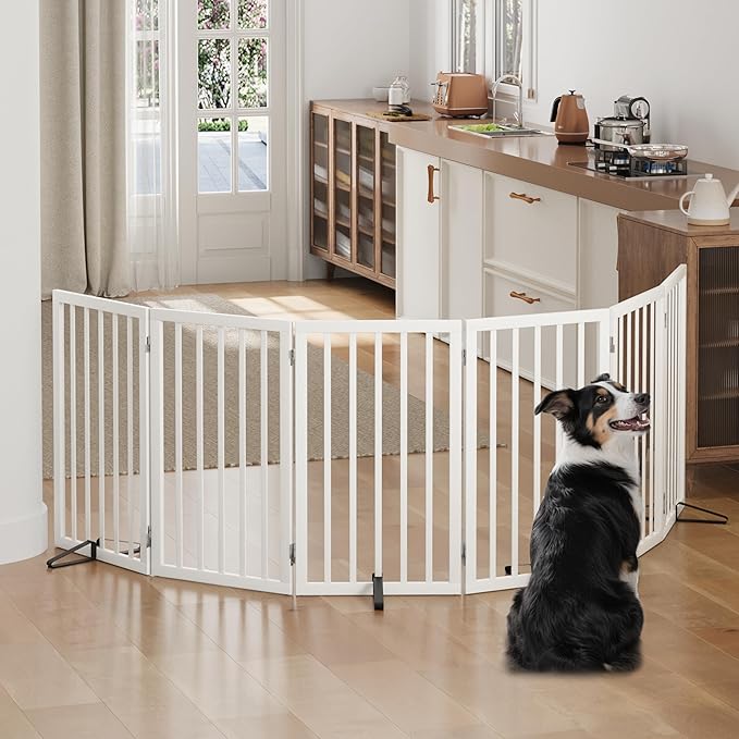 Dog Gates for Doorways, Tall Dog Gate Indoor, Foldable Pet Gates for Doorways Bedroom, Freestanding Puppy Gate with Metal Support Feet, Room Divider,6 Panels (White)