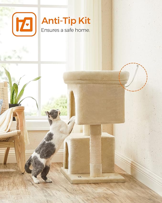 Feandrea Cat Tree, 33.1-Inch Cat Tower, L, Cat Condo for Large Cats up to 16 lb, Large Cat Perch, 2 Cat Caves, Scratching Post, Beige UPCT61M