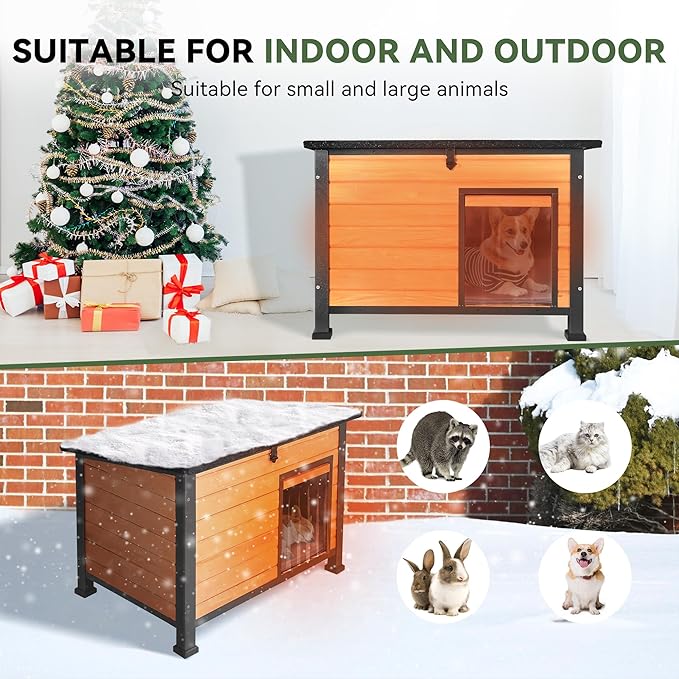 Dog House Outdoor Insulated with Prevent Chewing Iron Frame, Insulated cat House Outdoor Removable Floor and Open Roof for Dogs,Cat,Rabbits and Small Animals