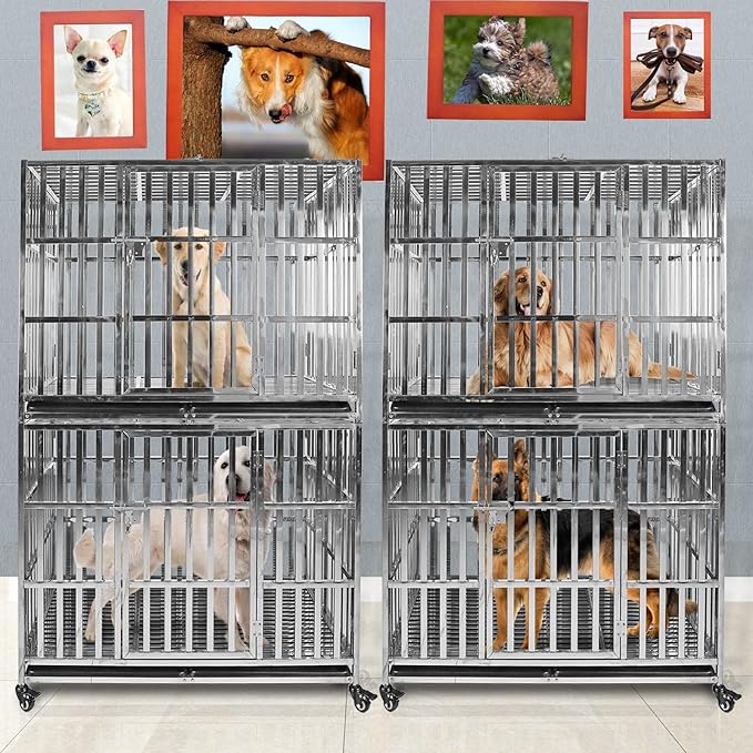 42 INCH Heavy Duty Dog Cage Stainless Steel Pet Crate Kennel with Lockable Wheels & Removable Trays for Medium and Large Dogs (Stackable)