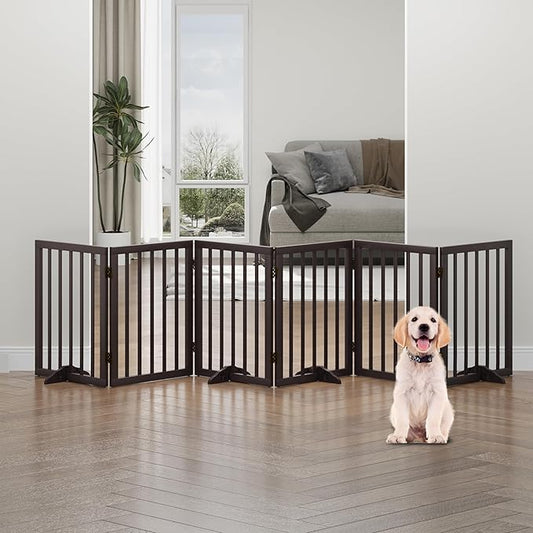 Brown Freestanding Foldable Pet Gate - 6 Panels, Metal Support Feet, Room Divider for Doorways & Bedroom