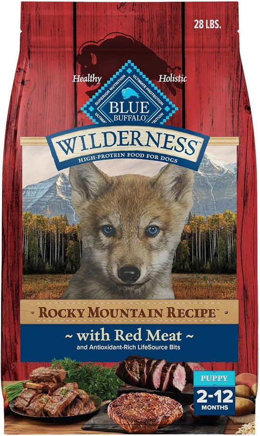 Blue Buffalo Wilderness High-Protein Rocky Mountain Recipe Dry Food for Puppies, Red Meat & Grains, 28-lb Bag