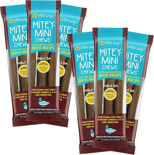 etta says! Mitey Mini Chews Dog Treats - Made in The USA - Grain-Free and Odor-Free - All-Natural Dog Chews - Perfect for Puppies and Senior Dogs - with Omega 3, 6, and 9 - Duck - 6 Pack
