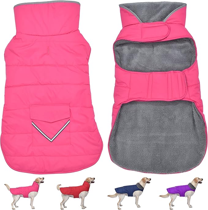 Dog Coat, Waterproof Dog Winter Jacket with Pocket, Reflective Adjustable Pet Snow Vest, Warm Cozy Fleece Sweater for Small Medium Extra Large Dogs - Pink, 3XL