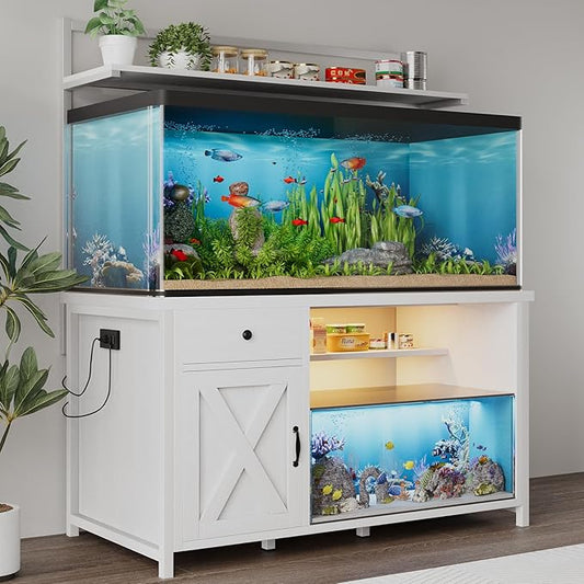 4ever2buy 55-75 Gallon Fish Tank Stand with Power Outlet, Led Light, Heavy Duty Aquarium Stand with Cabinet for Fish Tank Accessories Storage, Shelf, for Turtle Tank, Reptile Terrarium, 1100LBS, White