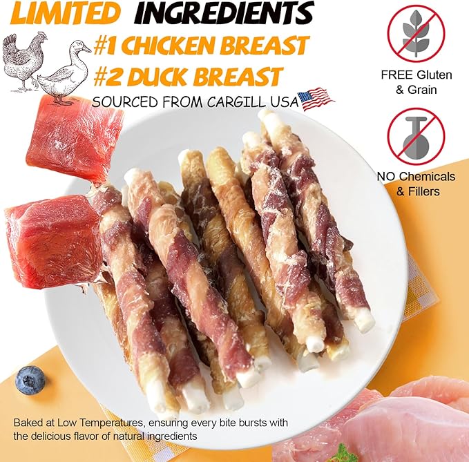 ASMPET Dog Treats Chews, Chicken & Duck Wrapped Rawhide Sticks (20 pcs, 10.6 oz, 5 inch)
