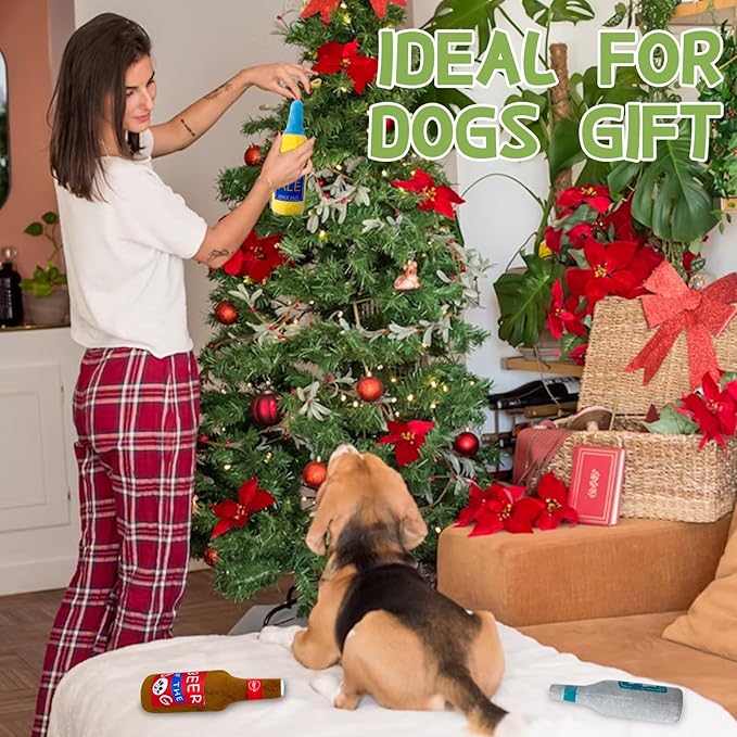 Plush Squeaky Dog Toy - Dog Beer Shape Interactive Chew Toy for Small/Medium/Large Dogs, Stuffed Funny Dog Toys, Ideal for Indoor Home Play & Outdoor Activities, Puppy Birthday Gift (3 Pack)