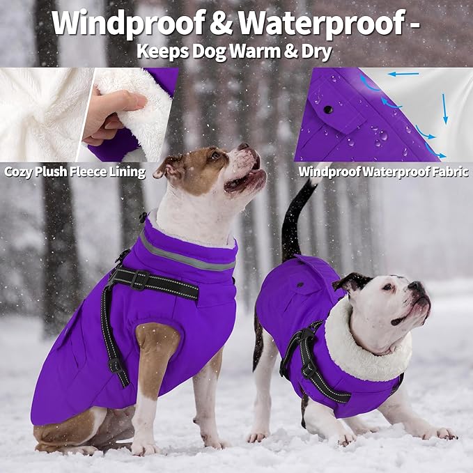 Dogcheer Dog Coat with Harness, Waterproof Dog Jacket Christmas Puppy Winter Coat with Pockets, Reflective Doggy Winter Jacket Soft Pet Snow Jacket for Small Medium Large Dogs - Purple, XS