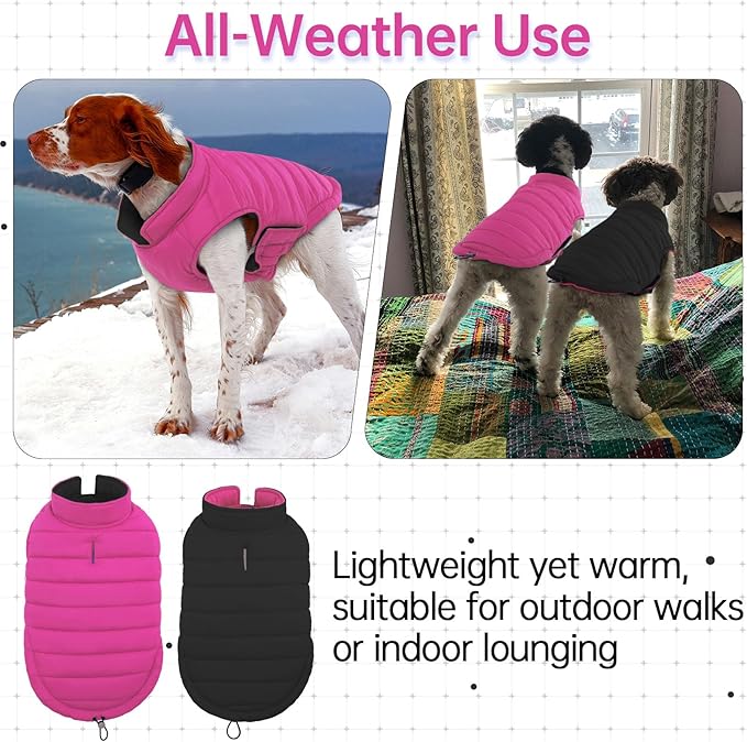 Lelepet Reversible Dog Jacket Lightweight Warm Dog Winter Coat Padded Vest Windproof Cold Weather Coat Pet Sonwsuit with Hook & Loop Coats for Large Dogs, Non-Shedding, Easy on/Off, Rose Red, XXXL