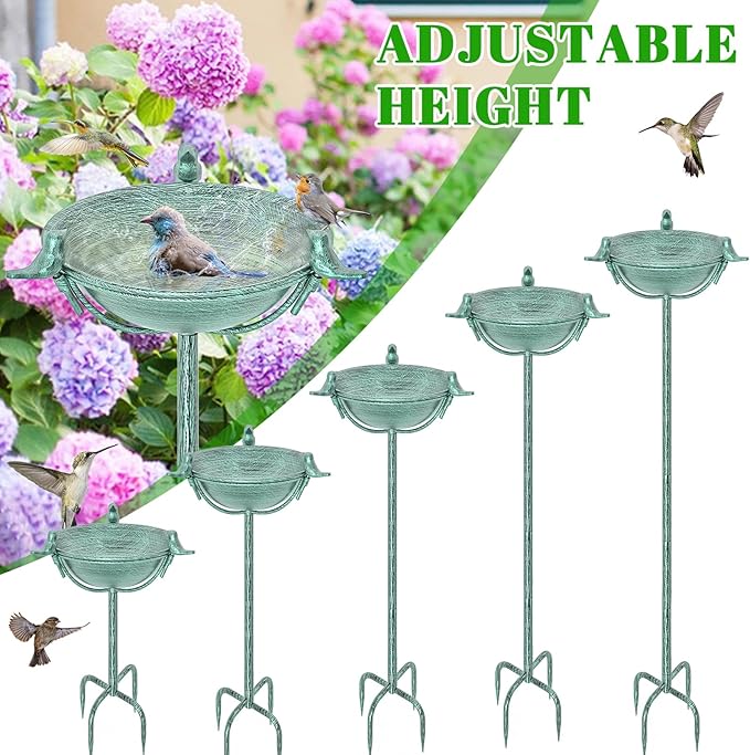 58In Freestanding Birdbaths Bowl Outdoor, Free Standing Garden Bird Bath Feeder Bowl with 3 Bird Statues, Birdbath & Birdfeeder with Metal Stake Garden Yard Lawn Decor (Retro Green)